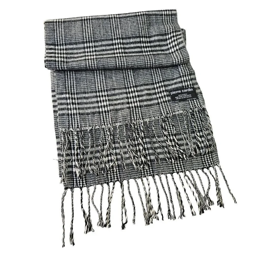 1970s Pierre Cardin Scarf Black White Plaid 72 in X 12.5 in Rectangle Unisex